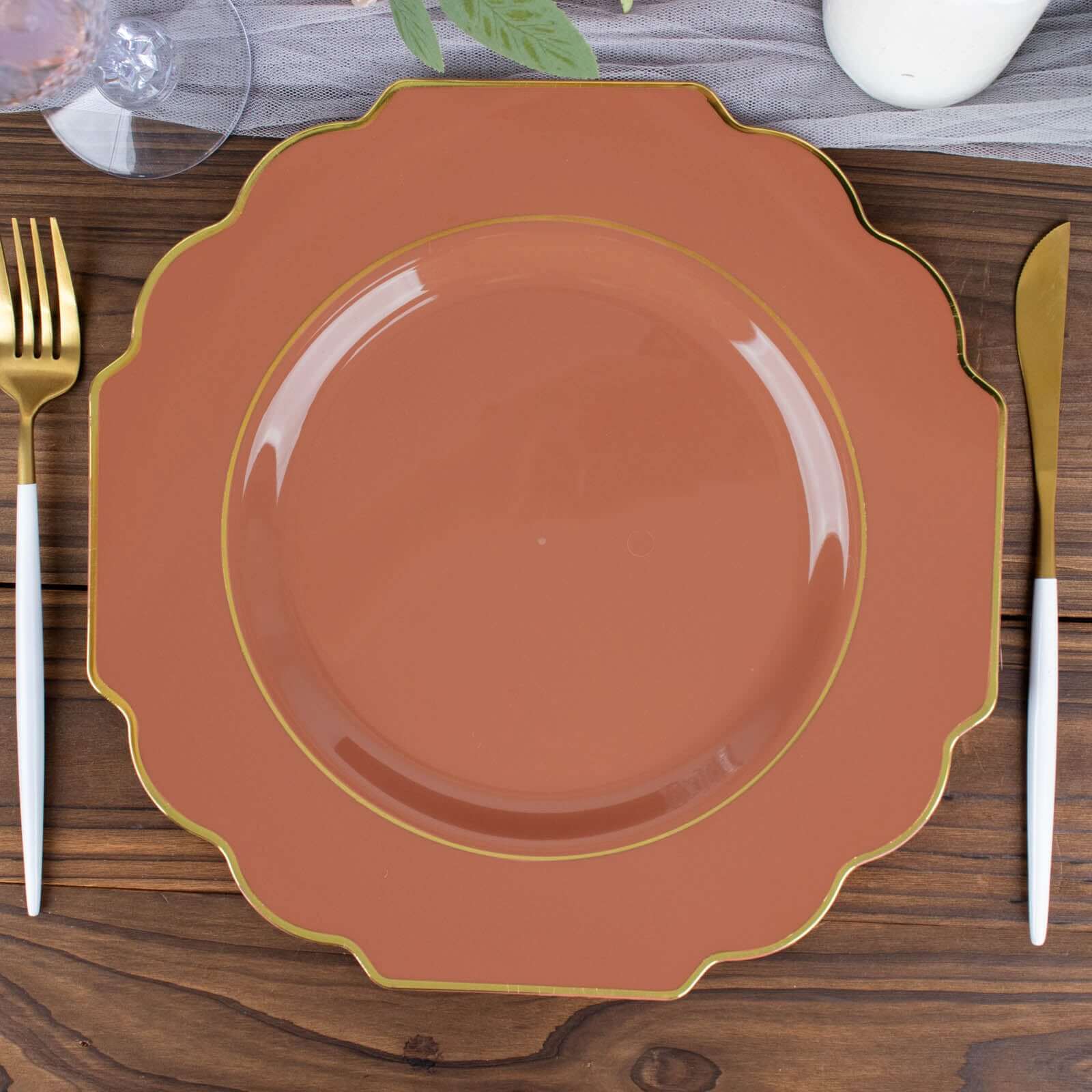 10-Pack Plastic Dinner Plates in Terracotta (Rust) Baroque Design with Scalloped Gold Rim - Heavy Duty Disposable Party Plates 11"