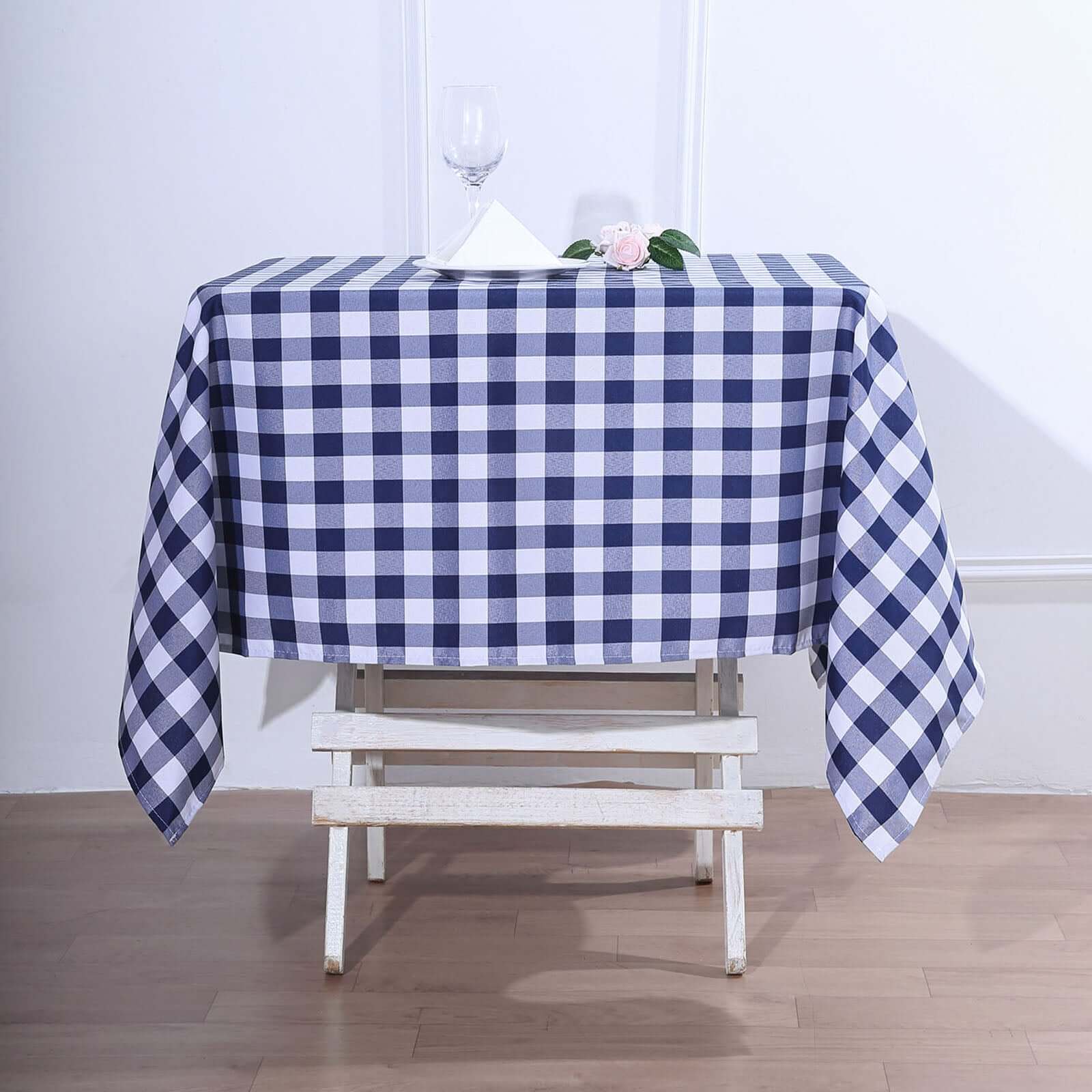 Polyester 54"x54" Square Tablecloth White/Navy Blue - Checkered Buffalo Plaid Design for Casual Table Settings