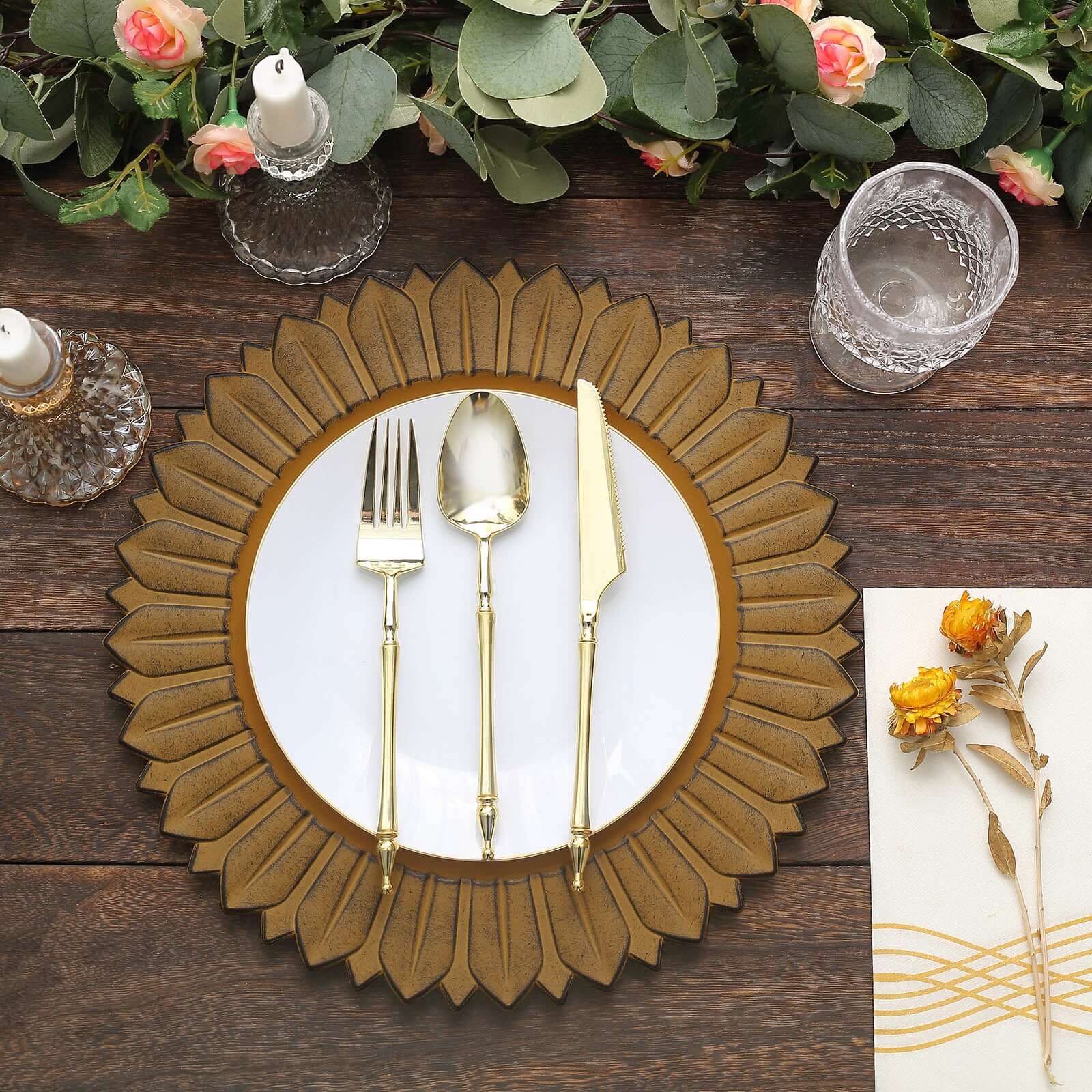 6-Pack Plastic Round Charger Plates 13" in Mustard Yellow with Sunflower Rim, Matte Finish Disposable Dinner Charger Tableware