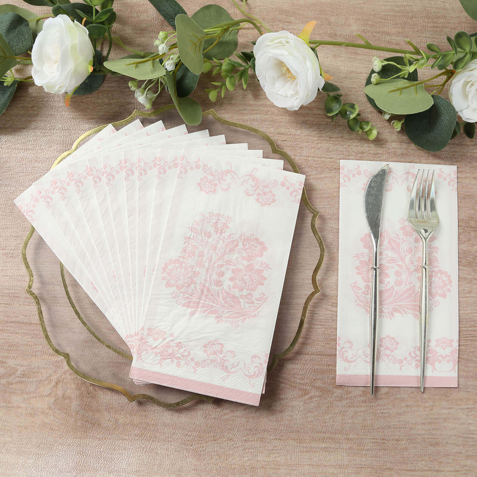 50-Pack Paper Dinner Napkins White with Pink Damask Floral Pattern 2-Ply - Stylish Disposable Napkins for Parties