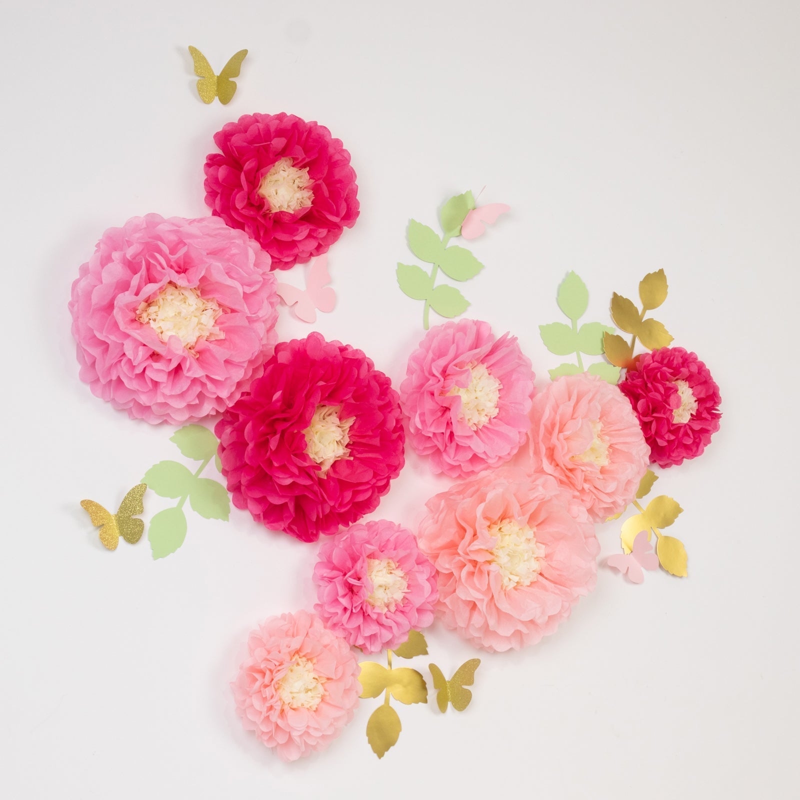 Set of 21 Tissue Paper Flowers Pom Poms Decor Kit – Blush Pink 3D Chrysanth Floral Wall Decor with Butterflies & Olive Leaves - 8",10",12"