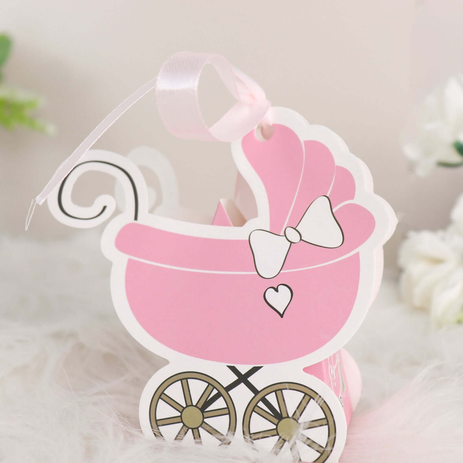 25 Pack Pink Baby Paper Stroller Party Favor Gift Boxes, Cardstock Carriage Candy Boxes with Ribbon Ties - 4.5"x2"x4"