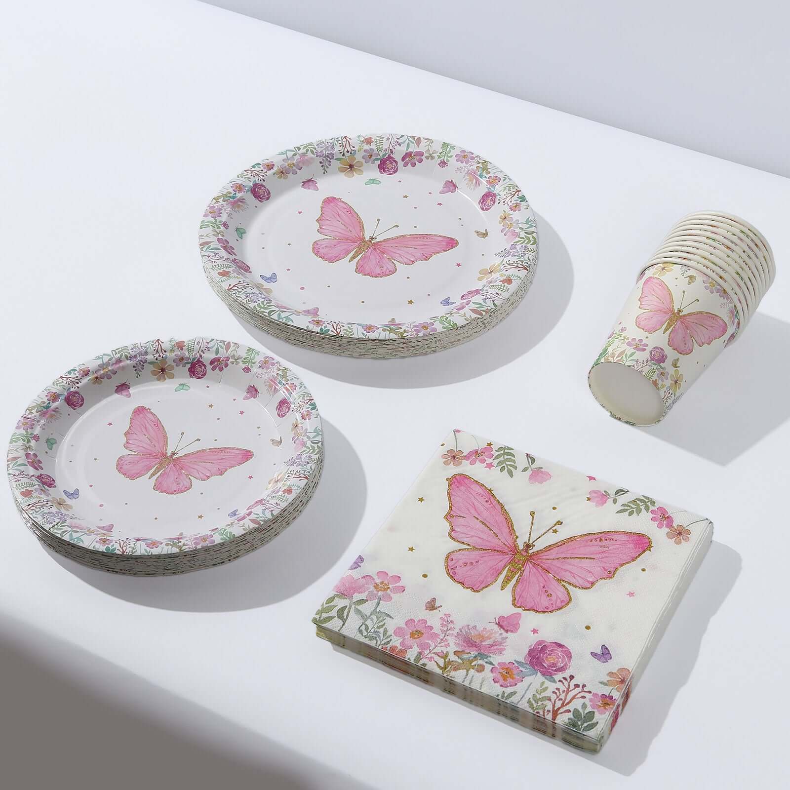 96 Pcs Paper Dinnerware Set with Butterfly Print White/Pink - Disposable Tableware Set with Plates, Cups, and Napkins