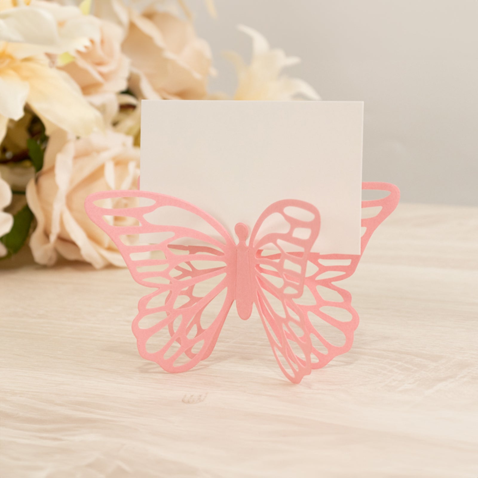 25-Pack Paper Butterfly Place Card Holders Pink with White Printable Cards - 3D Free Standing Table Number Stands 3"x5"