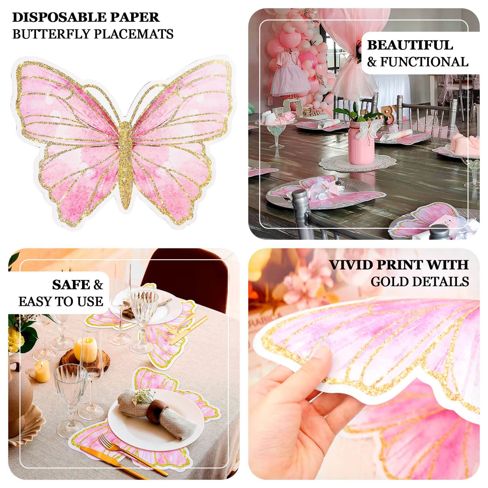 10-Pack Disposable Table Placemats with Pink Butterfly Design & Gold Glitters - 400GSM Cardboard Placemats for Kids' Parties, Baby Showers & Celebrations 14"