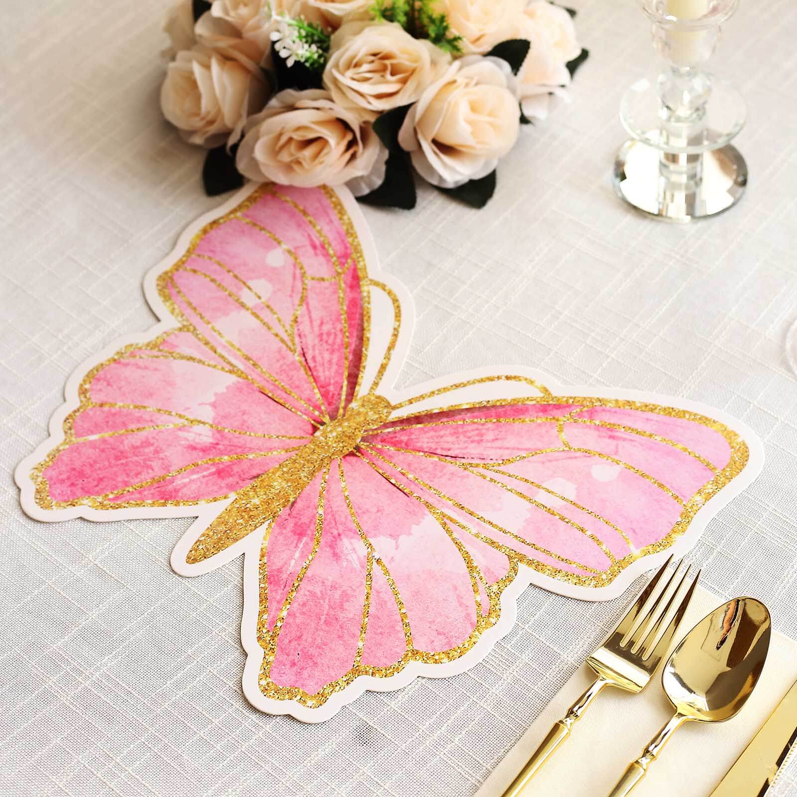 10-Pack Disposable Table Placemats with Pink Butterfly Design & Gold Glitters - 400GSM Cardboard Placemats for Kids' Parties, Baby Showers & Celebrations 14"