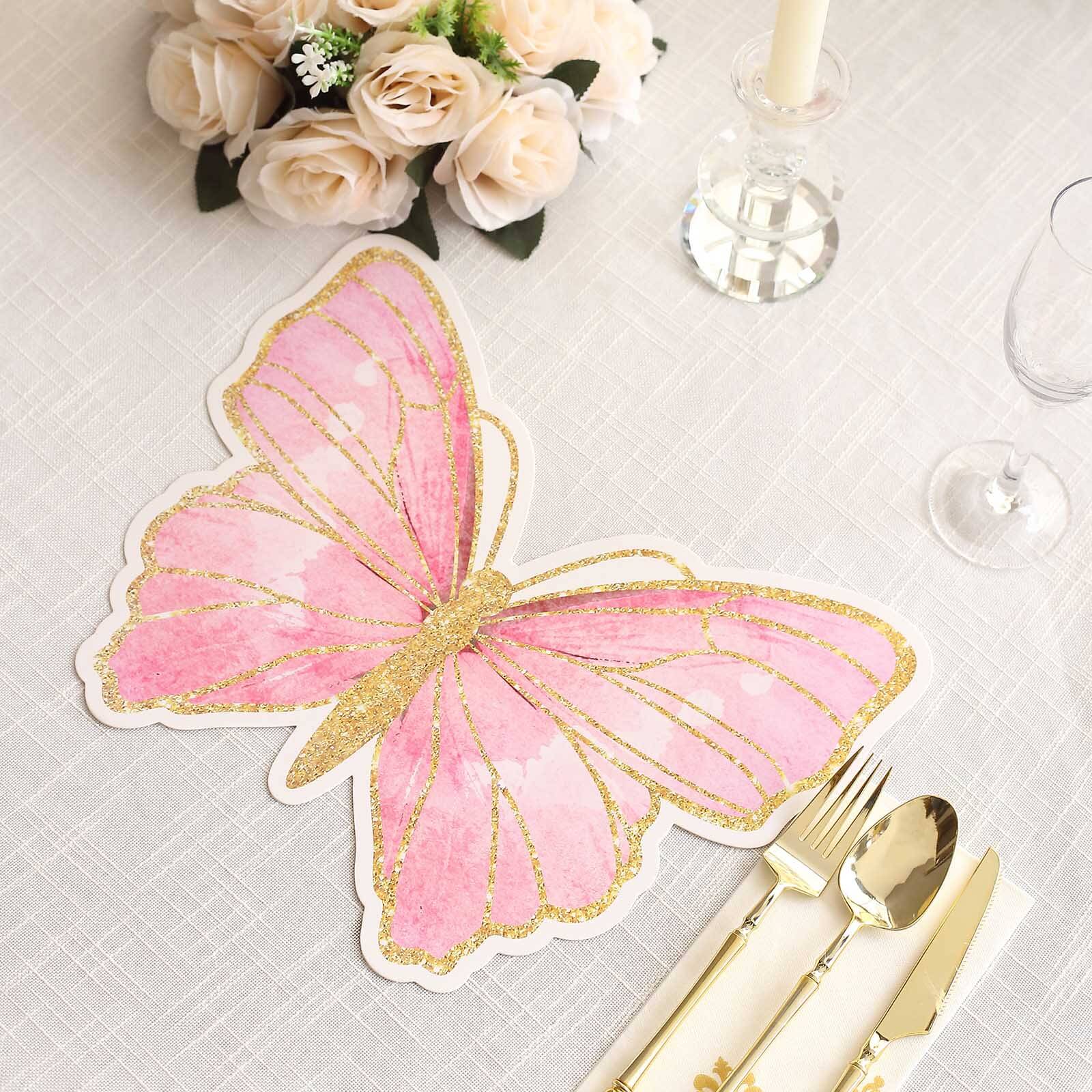 10-Pack Disposable Table Placemats with Pink Butterfly Design & Gold Glitters - 400GSM Cardboard Placemats for Kids' Parties, Baby Showers & Celebrations 14"