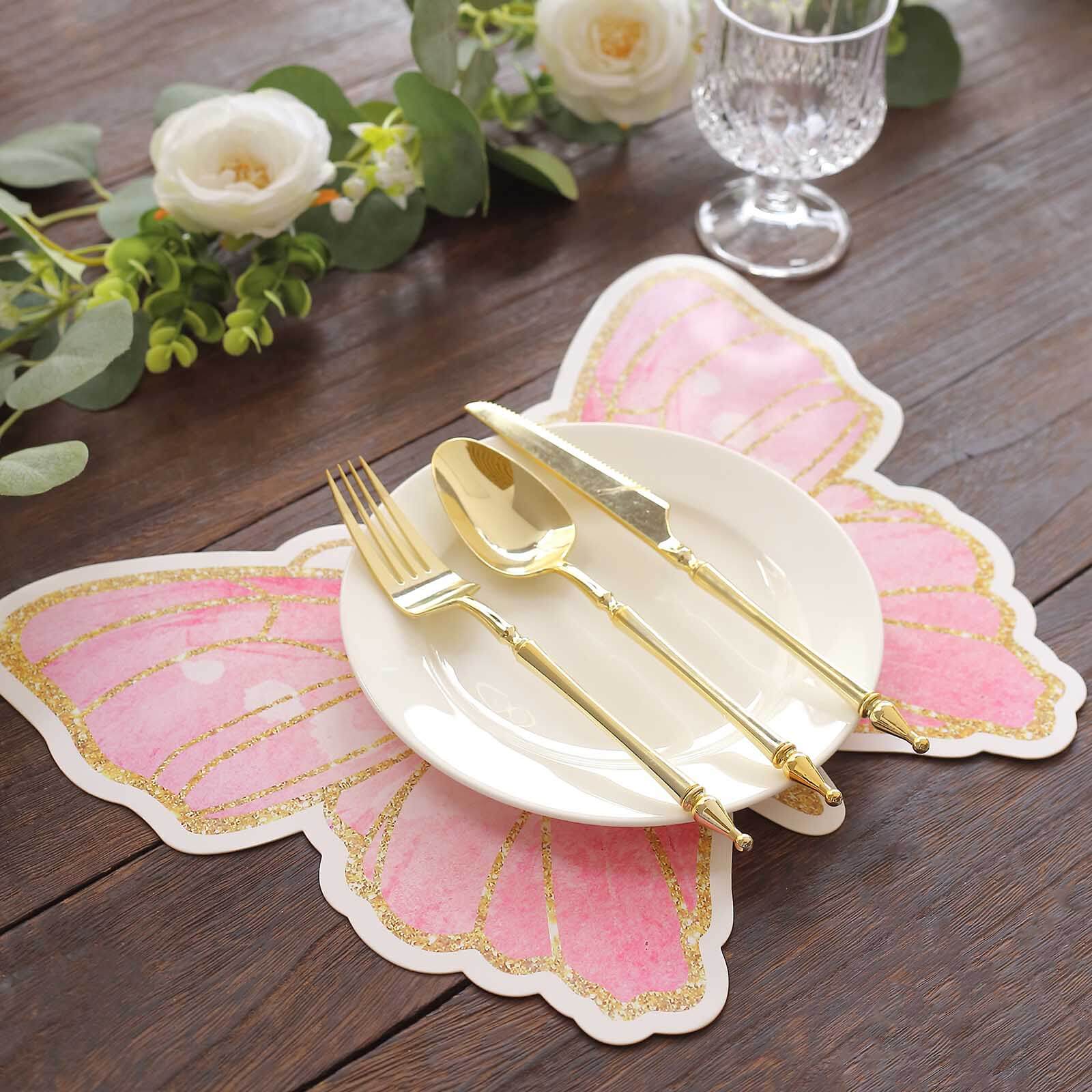 10-Pack Disposable Table Placemats with Pink Butterfly Design & Gold Glitters - 400GSM Cardboard Placemats for Kids' Parties, Baby Showers & Celebrations 14"