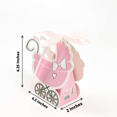 25 Pack Pink Baby Paper Stroller Party Favor Gift Boxes, Cardstock Carriage Candy Boxes with Ribbon Ties - 4.5"x2"x4"