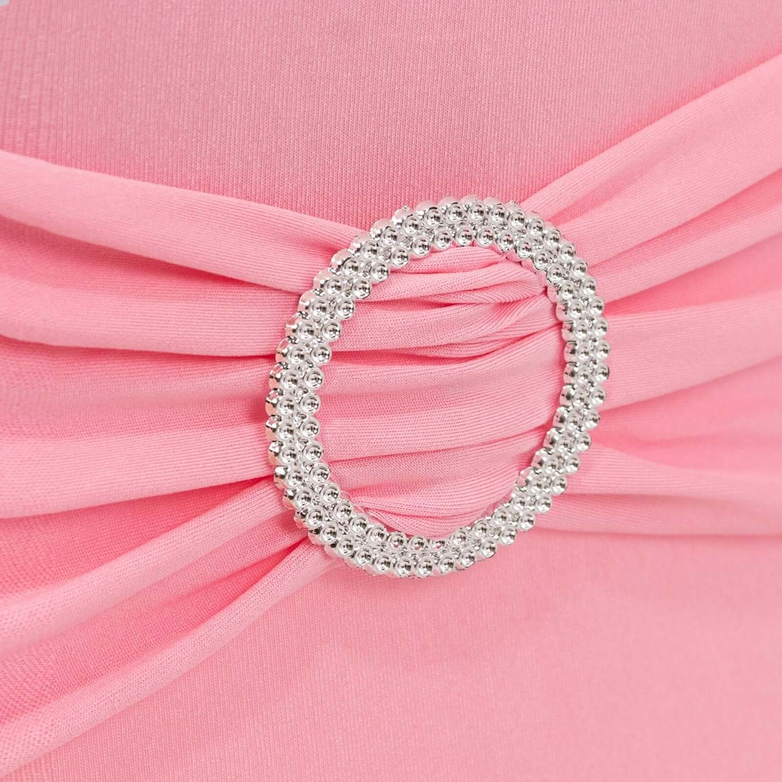 Stretch Spandex Chair Cover Pink for Folding Chairs - Secure Fit Slipcover with Silver Rhinestone Buckled Sash Band