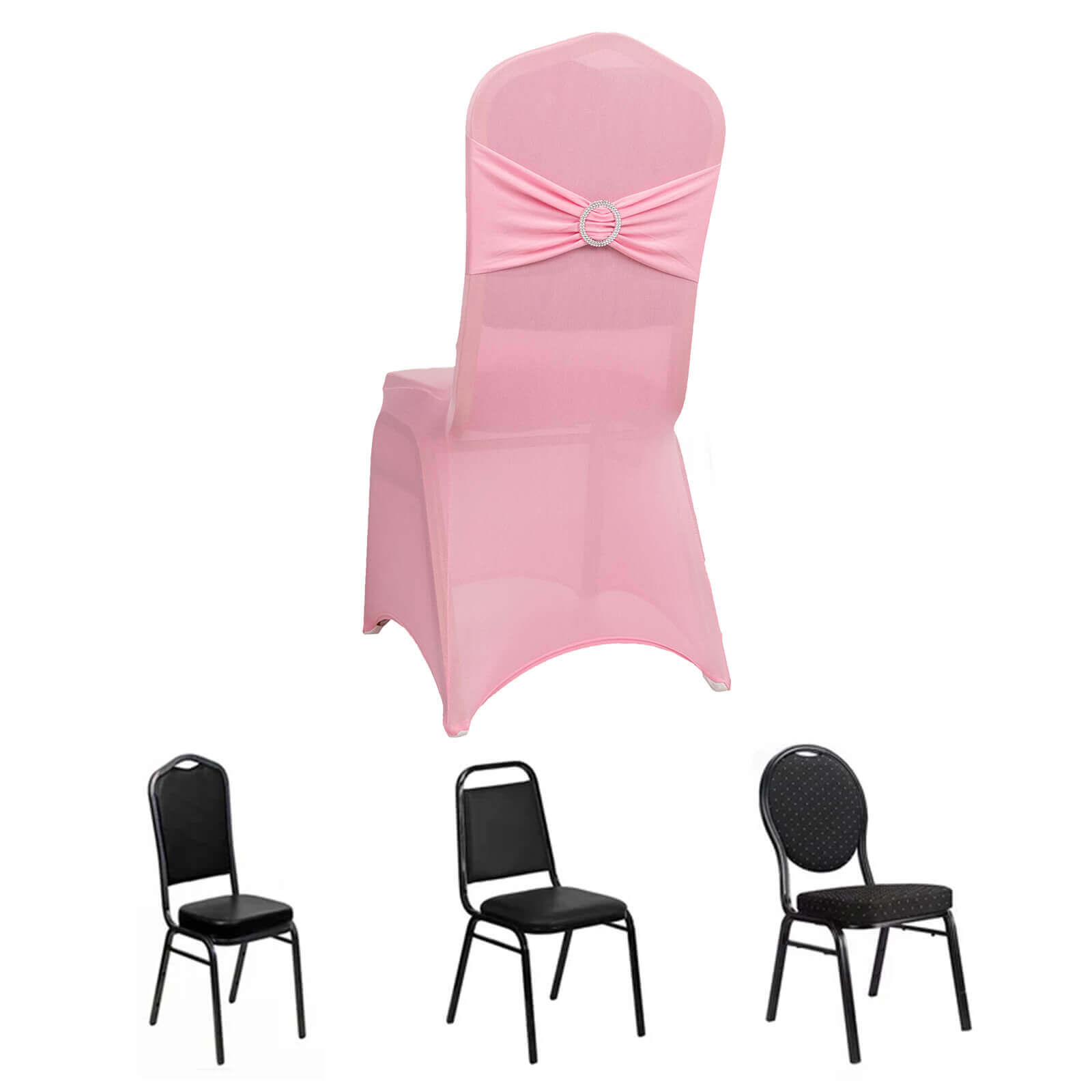 Spandex Chair Cover with Silver Rhinestone Buckled Sash Band Pink - Stretch Fitted Slipcover