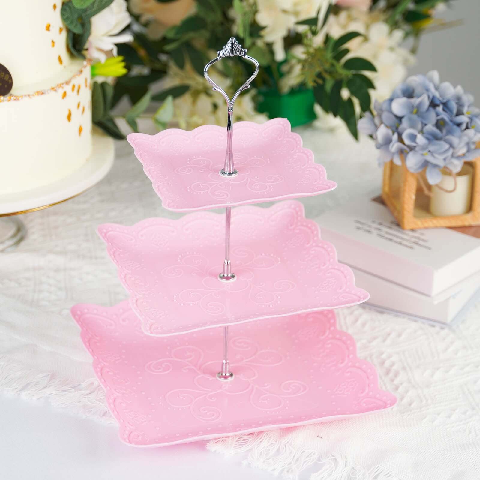 3-Tier Plastic Square Cupcake Stand Tower Pink - Charming Easy to Assemble Dessert Display Serving Tray Platter with Floral Embossed Scalloped Rim & Silver Handle for Tea Parties Weddings & Special Occasions 13"