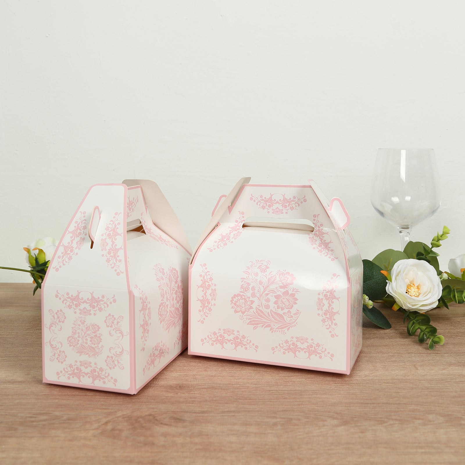 25 Pack White Pink Candy Gift Tote Gable Boxes in Damask Floral Pattern, Party Favor Treat Boxes - 6"x3.5"x7"