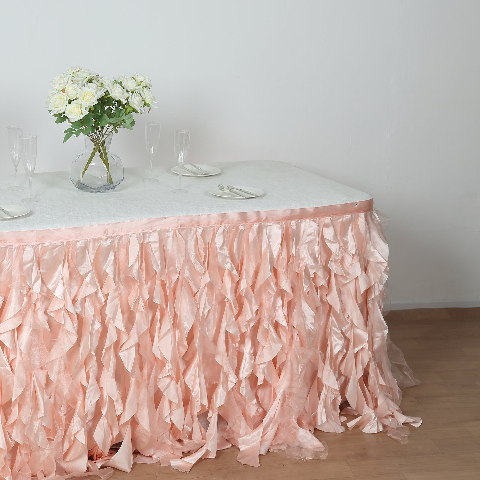 Taffeta 14ft Table Skirt Blush - Cascading Curly Willow Style Table Cover