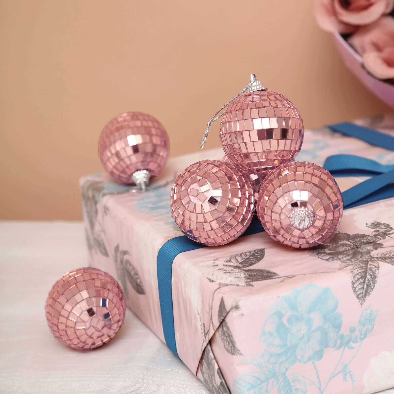 6 Pack 2" Rose Gold Foam Disco Mirror Ball With Hanging Strings, Holiday Christmas Ornaments