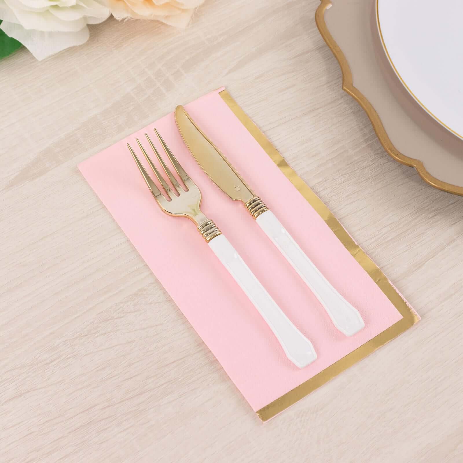 50-Pack Paper Dinner Napkins Pink with Gold Foil Edge 2 Ply - Stylish Disposable Napkins