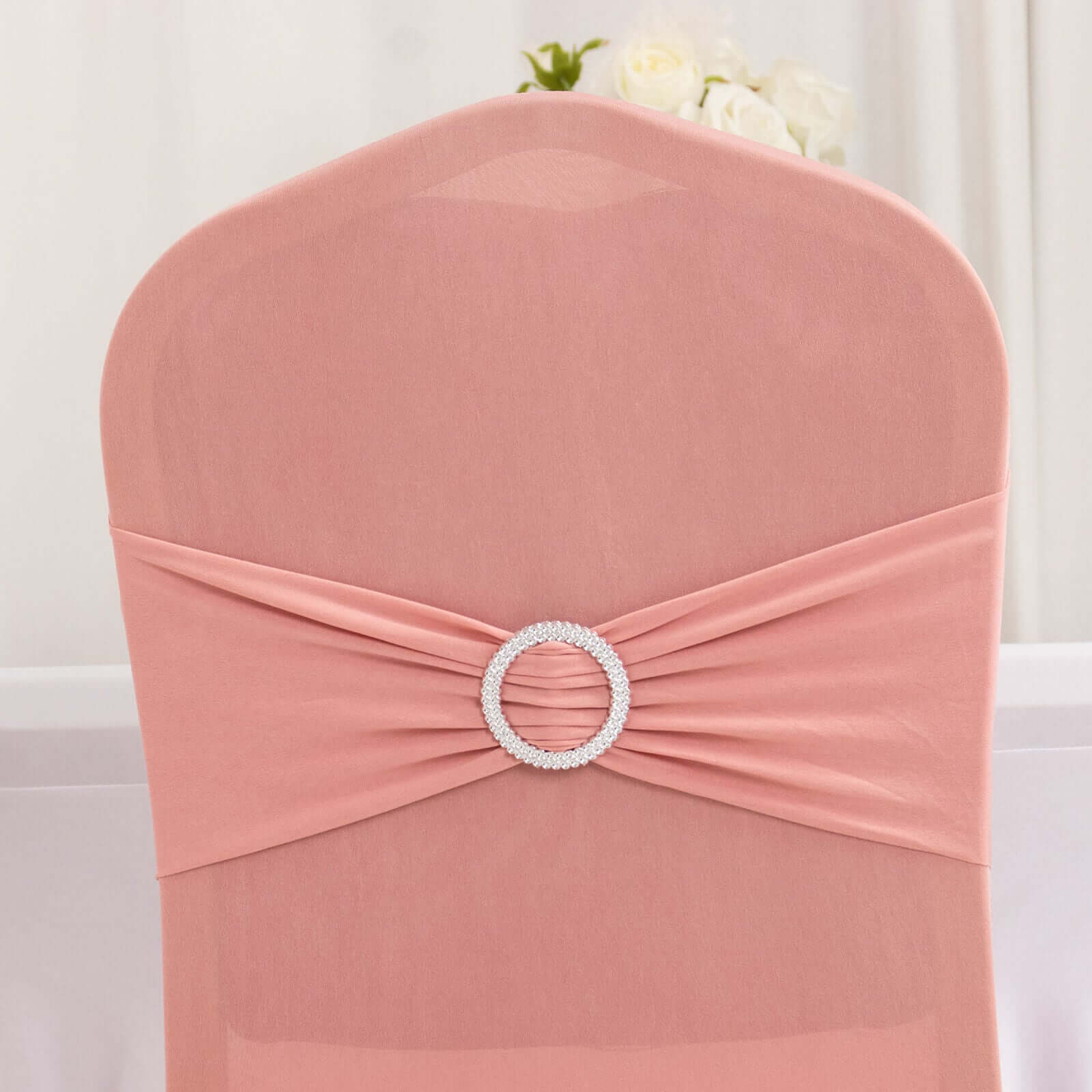 Spandex Chair Cover with Silver Rhinestone Buckled Sash Band Dusty Rose - Stretch Fitted Slipcover