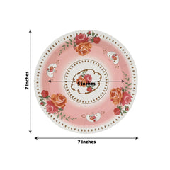 25-Pack Paper 7" Round Dessert Plates in Dusty Rose with Vintage Rose Flower Print - Disposable Appetizer Salad Plates