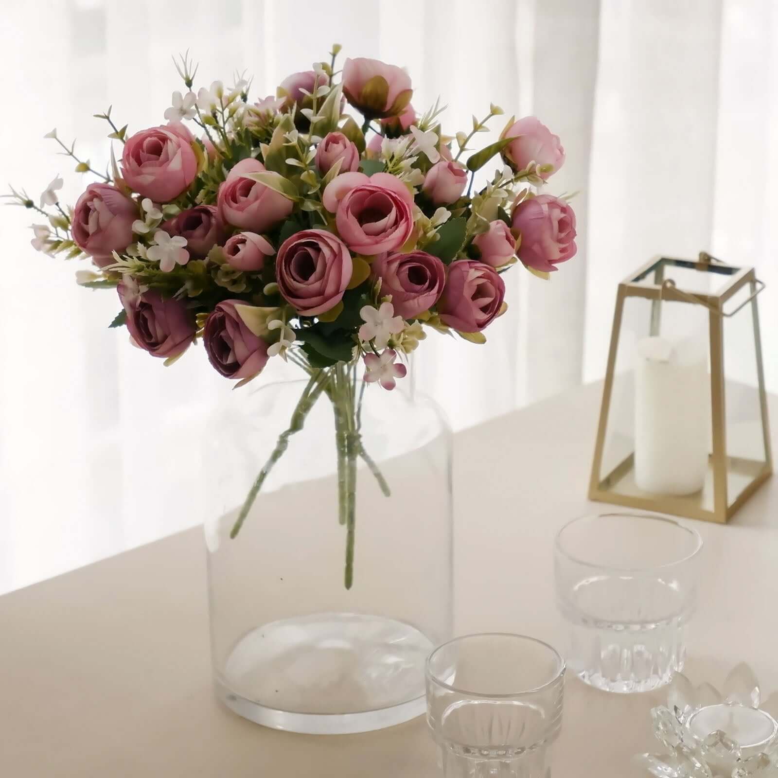 4 Pack 12" Artificial Dusty Rose Ranunculus Silk Flower Bridal Bouquets, Faux Buttercup Floral Arrangement