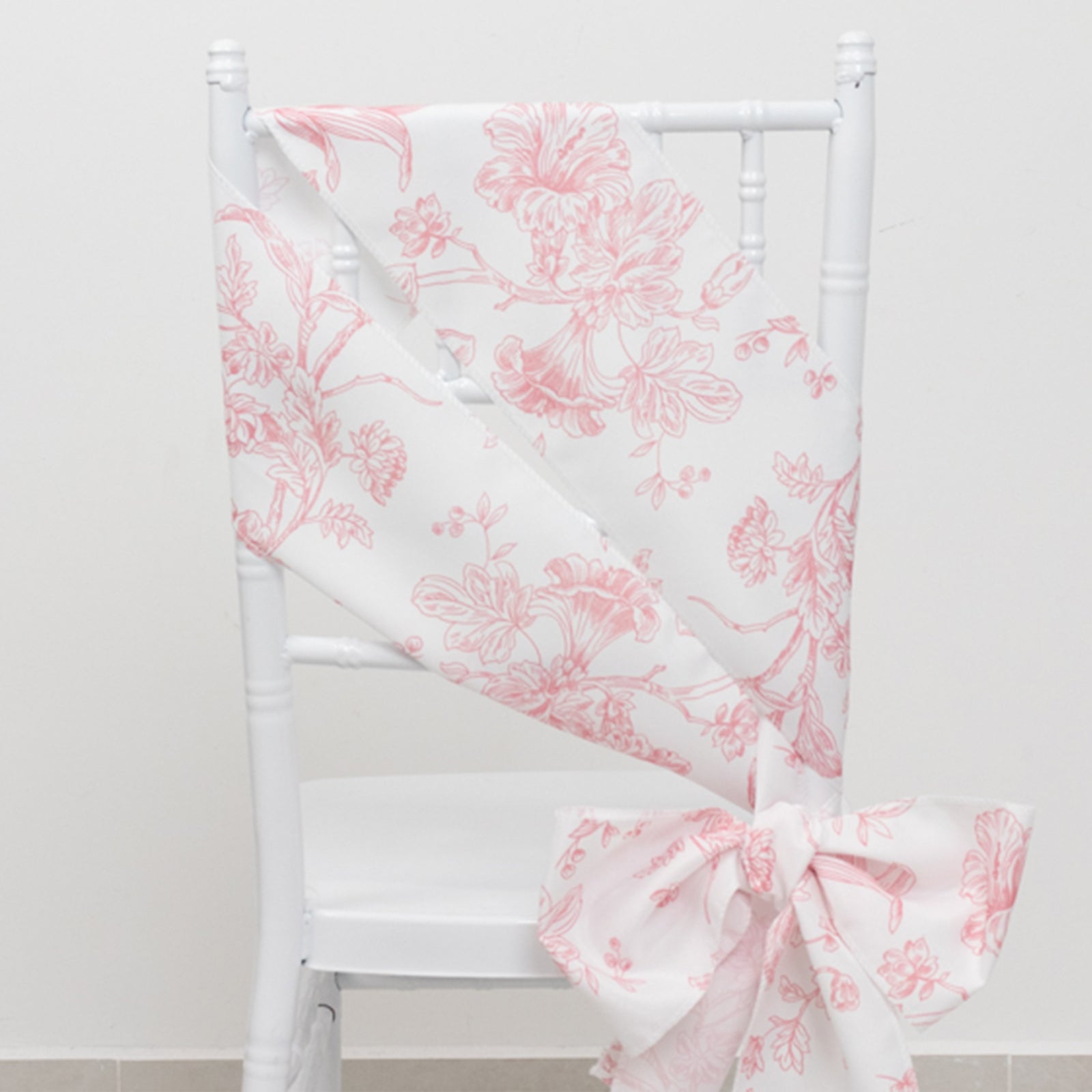 Polyester Chair Sashes White/Pink French Toile Floral Design - Wrinkle-Resistant & Durable Chair Bows 6"x108"