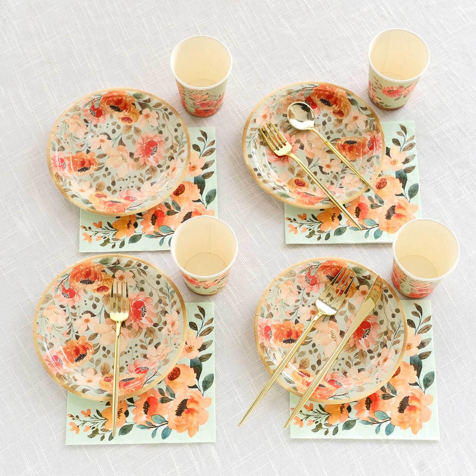 72 Pcs Paper Dinnerware Set with Pink Floral Print Sage Green - Disposable Tableware Combo-Pack with Plates and Cups