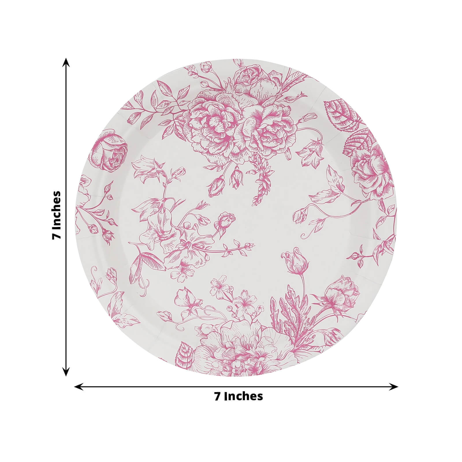 25-Pack Paper 7" Round Dessert Plates in White with Matte Pink French Toile Pattern - Disposable Floral Salad Appetizer Plates