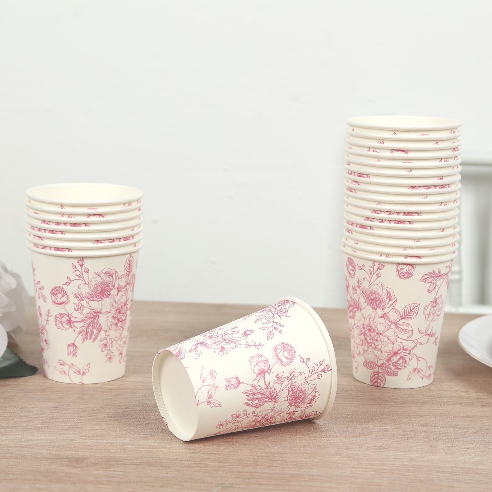 24-Pack Paper Cups in White with Pink French Toile Print - Stylish Disposable Floral Party Cups for Weddings & All Purpose Use 9oz
