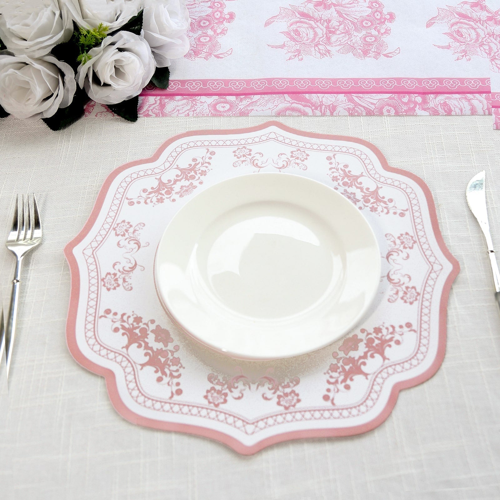 10-Pack Disposable Table Placemats 13" Round Placemats in White with Pink Damask Floral Pattern & Scalloped Rim - 400GSM Cardboard Placemats for Stylish Table Setting