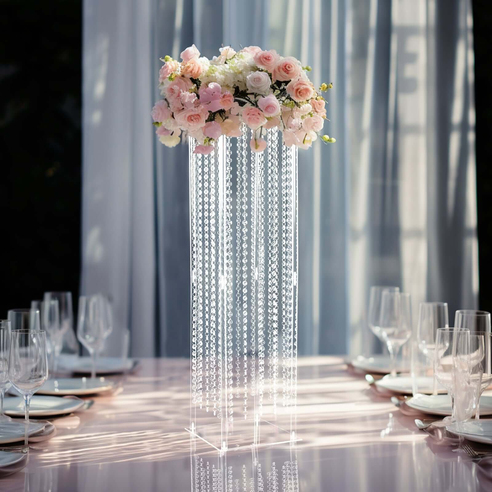 Acrylic Flower Pedestal Vase Pillar Stand with Crystal Beads Clear - Stylish Wedding Floor Centerpiece 40"