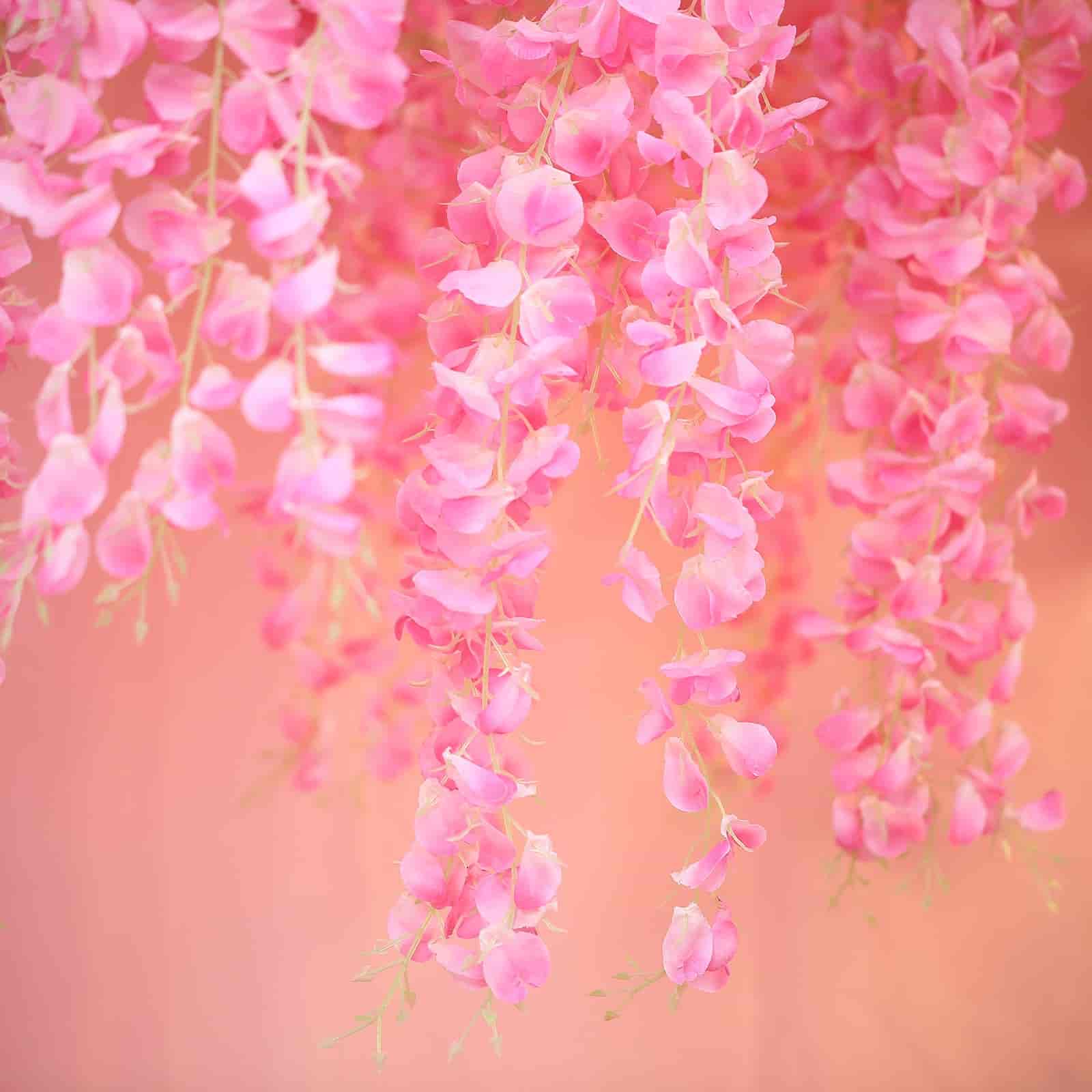 42" Silk Hanging Wisteria Flower Garland Vines in Pink, Elaborated 5 Full Strands in 1 Bush