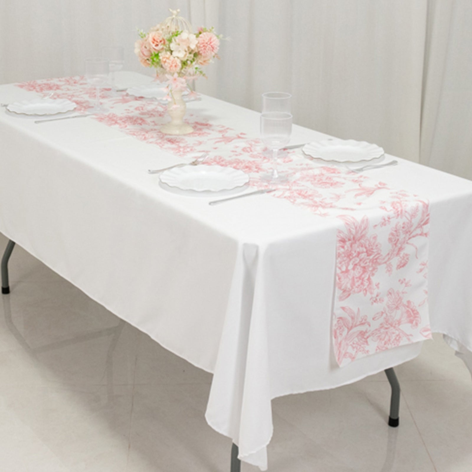 Polyester Table Runner 12"x108" White with Pink French Toile Floral Print Reusable Table Décor