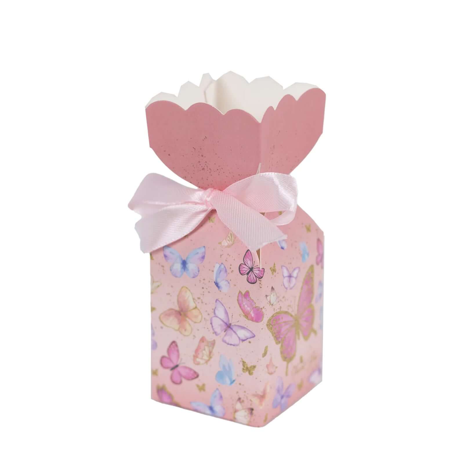 25 Pack Pink Floral Top Candy Gift Boxes With Butterfly Print, Cardstock Paper Party Favor Boxes With Satin Ribbons - 2"x5"