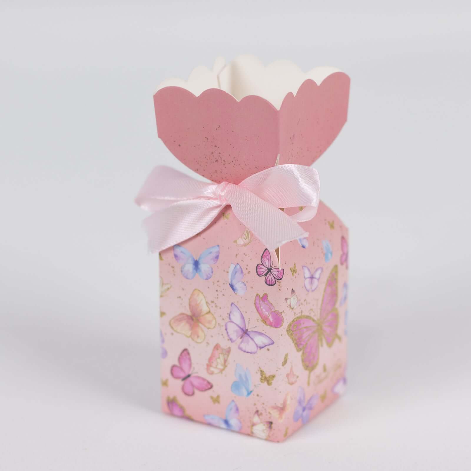 25 Pack Pink Floral Top Candy Gift Boxes With Butterfly Print, Cardstock Paper Party Favor Boxes With Satin Ribbons - 2"x5"