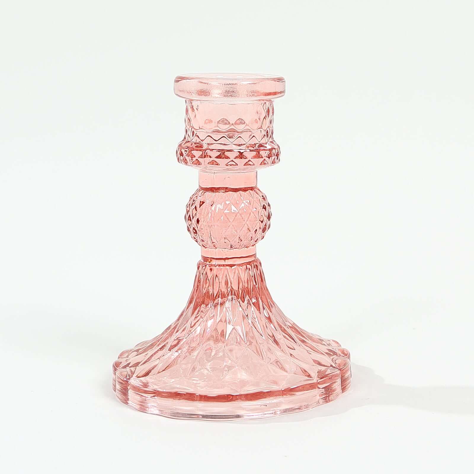 6-Pack Glass Taper Candlestick Holders Diamond Pattern Design Dusty Rose - Reversible Crystal Pillar Votive Stands 4"