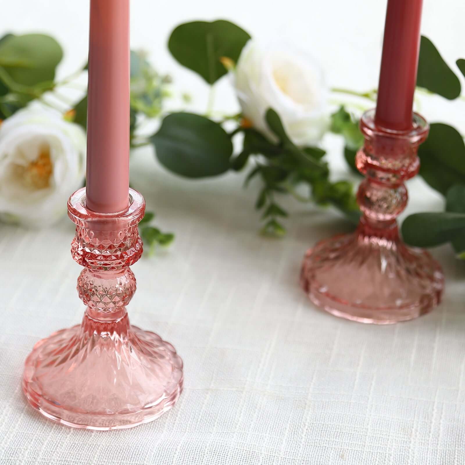 6-Pack Glass Taper Candlestick Holders Diamond Pattern Design Dusty Rose - Reversible Crystal Pillar Votive Stands 4"