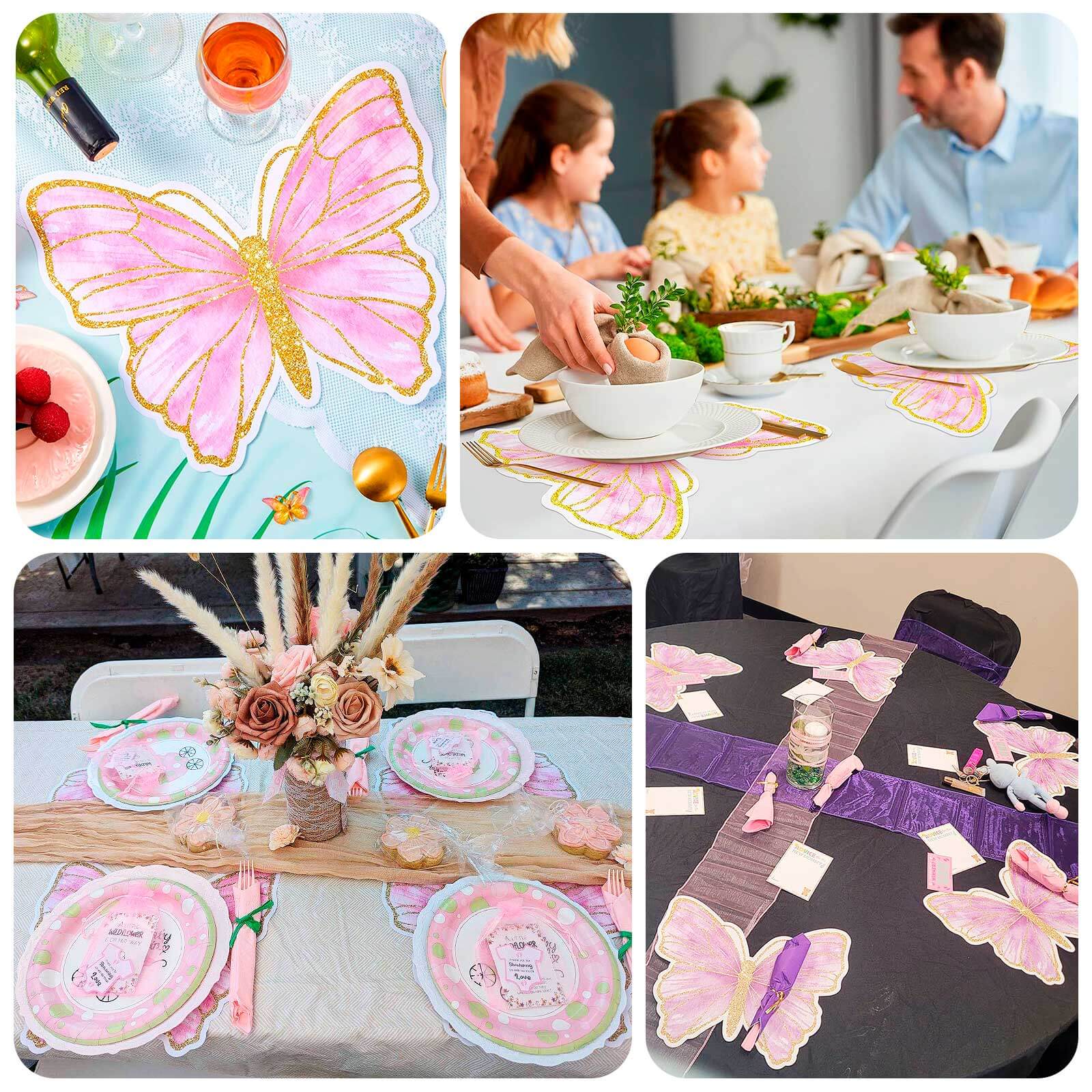 10-Pack Disposable Table Placemats with Pink Butterfly Design & Gold Glitters - 400GSM Cardboard Placemats for Kids' Parties, Baby Showers & Celebrations 14"