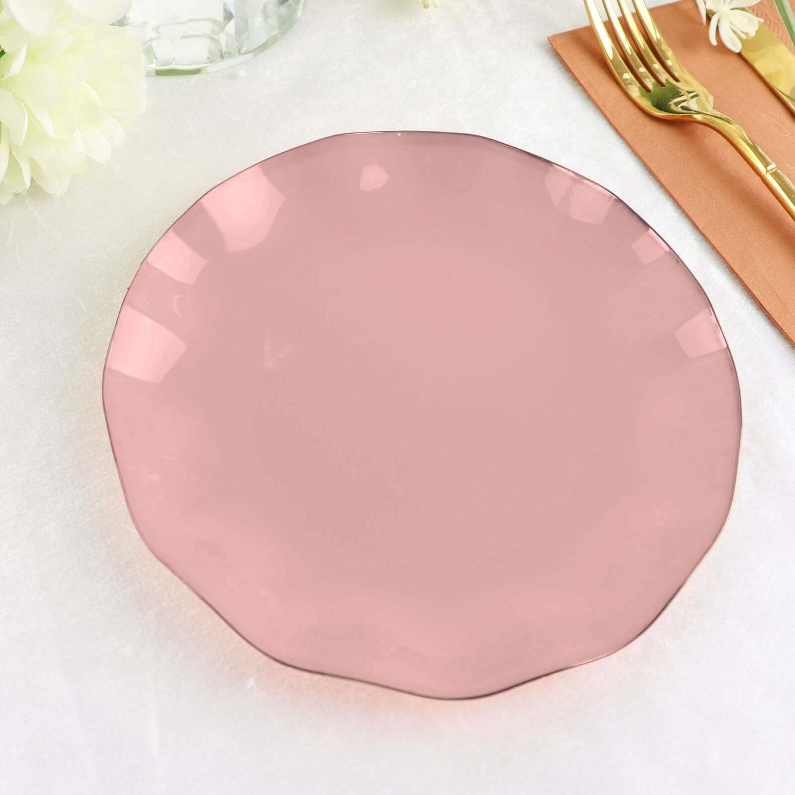 10-Pack Plastic Round 6" Dessert Plates in Dusty Rose Ruffled Rim with Gold Edging - Sturdy Disposable Salad Appetizer Dinnerware