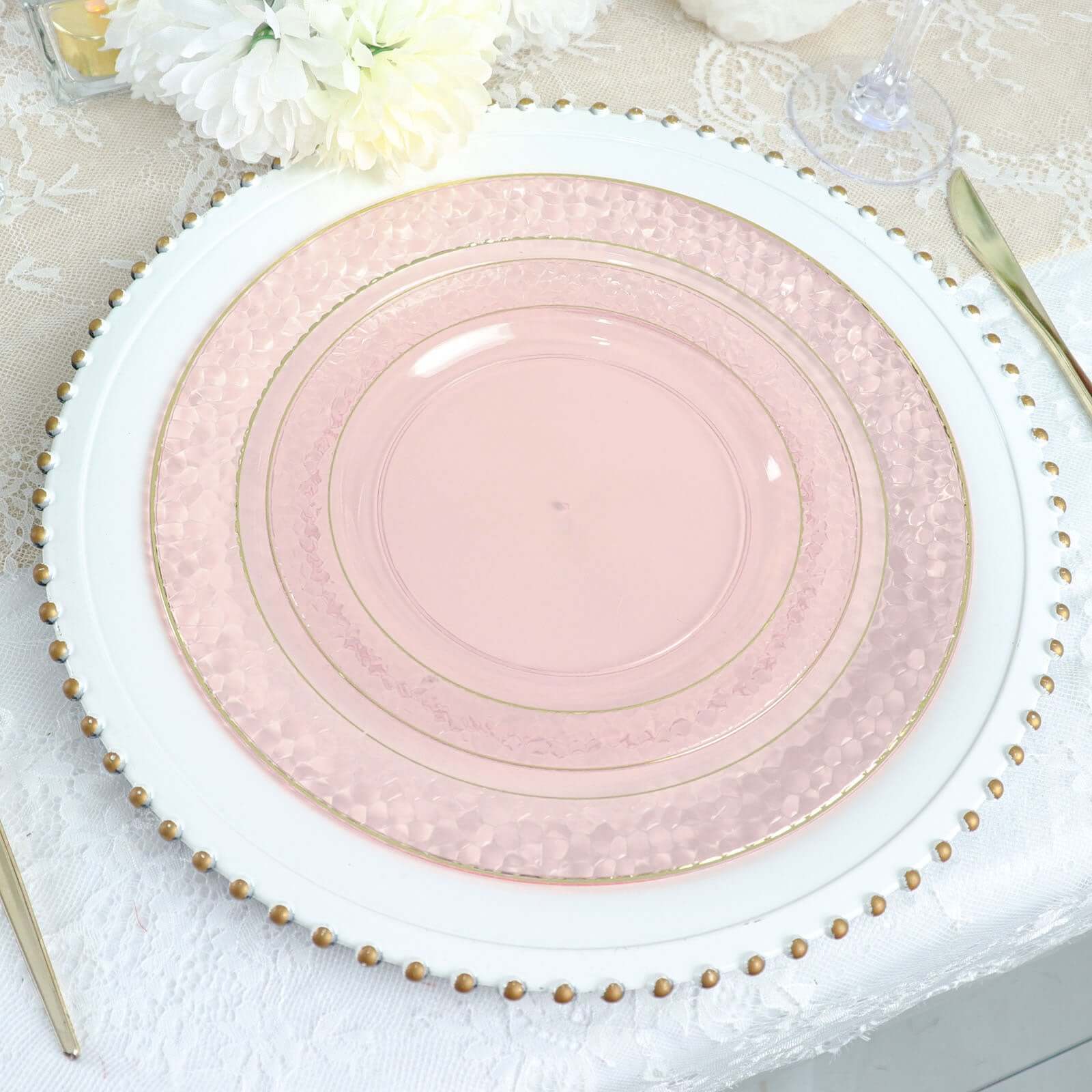 10-Pack Plastic 10" Round Dinner Plates in Blush Hammered Design with Gold Rim - Disposable Party Plates for Chic Banquets & Special Occasions