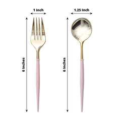 24-Pack Plastic Fork and Spoon Set Gold/Rose Gold - Heavy Duty Disposable Modern Utensils 6"