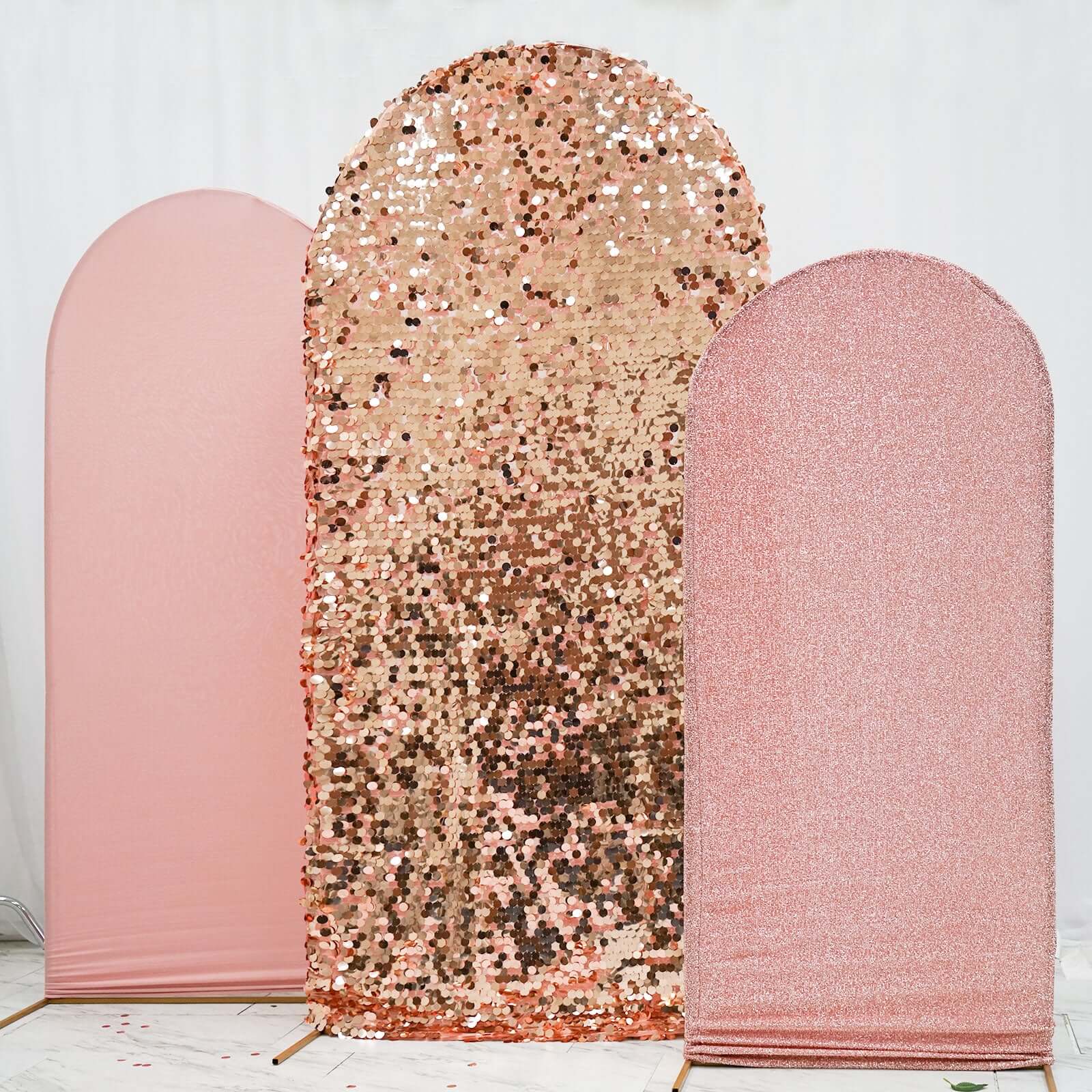Set of 3 Rose Gold Round Top Fitted Wedding Arch Frame Covers, Big Payette Sequin, Shimmer Tinsel and Matte Spandex Backdrop Stand Covers