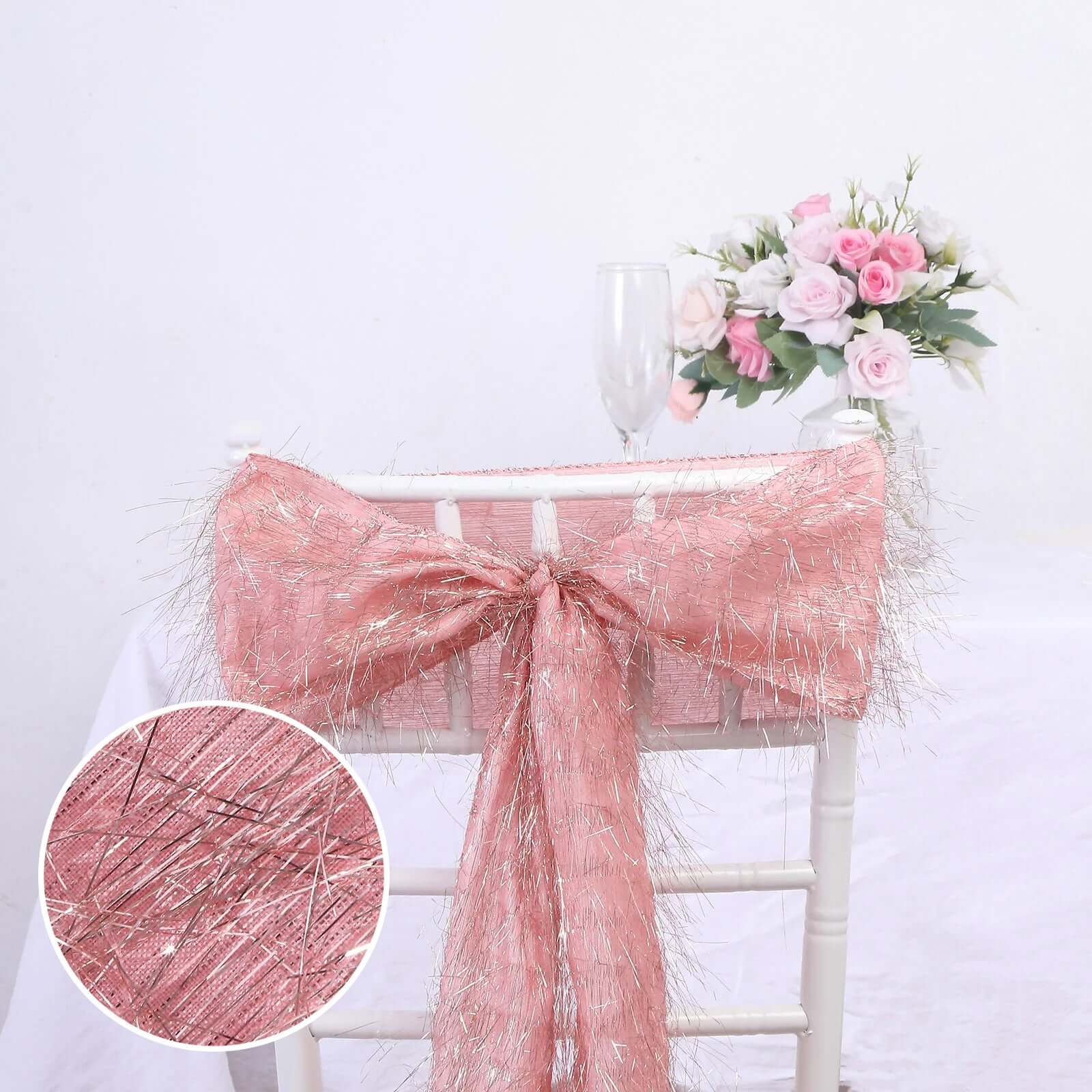 5 Pack Polyester Chair Sashes Rose Gold Metallic Tinsel Fringe - Easy to Use Chair Bows 6"x108"