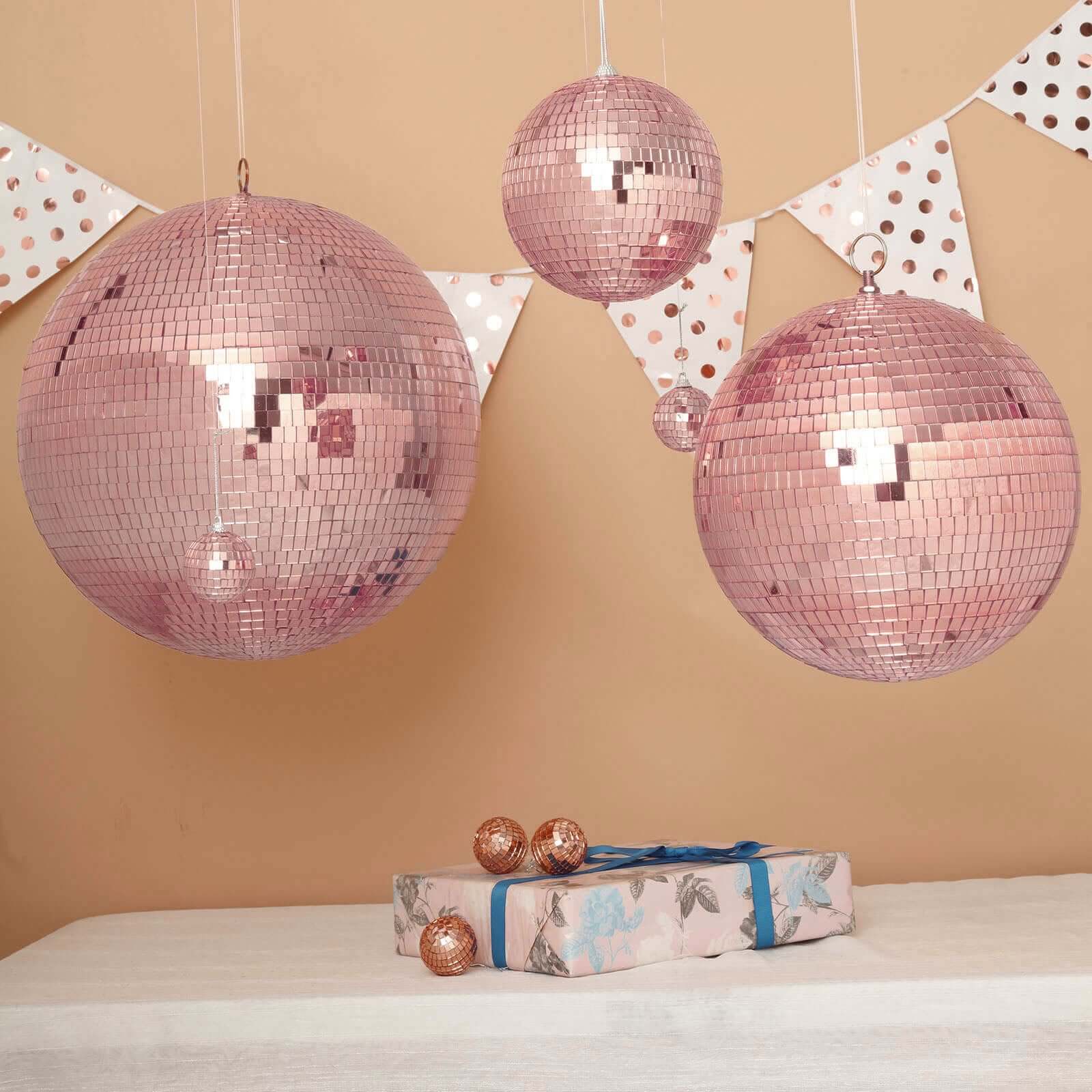2 Pack 10" Rose Gold Foam Disco Mirror Ball With Hanging Swivel Ring, Holiday Party Decor