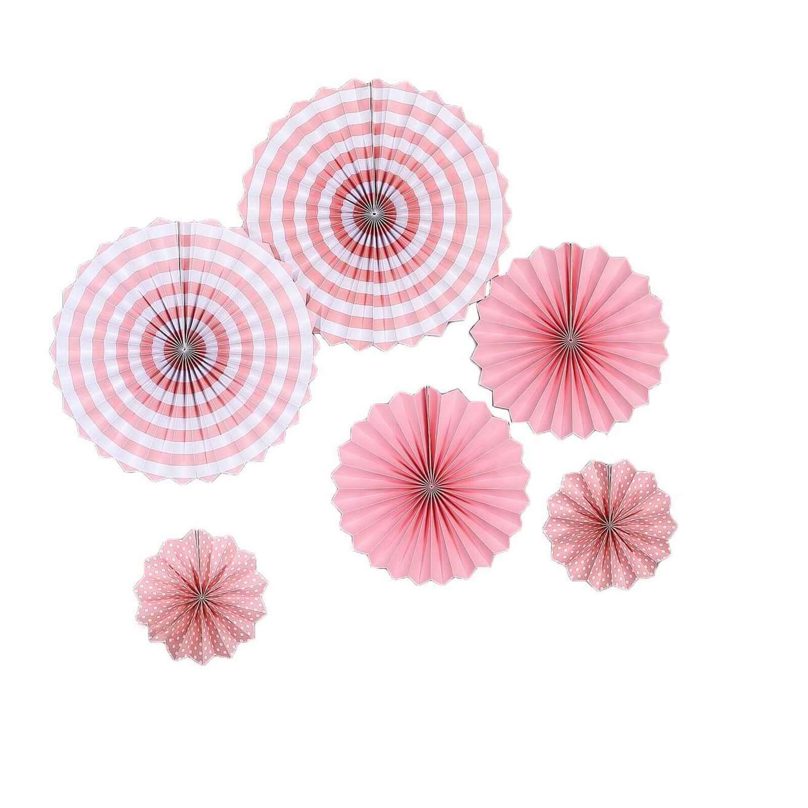 Set of 6 Pink Hanging Paper Fan Decorations, Pinwheel Wall Backdrop Party Kit - 8", 12", 16"
