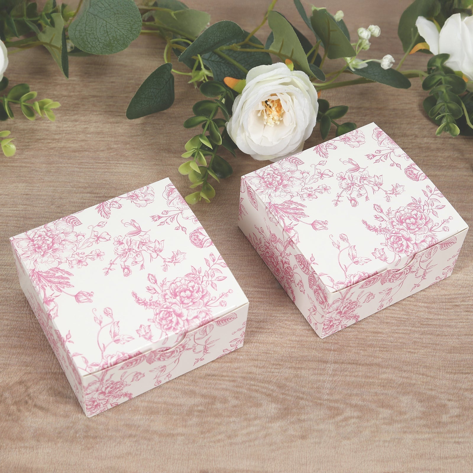 25 Pack Party Favors Boxes in French Toile Pattern, Matte Pink and White Candy Gift Boxes - Cardstock Paper - 4"x4"x2"