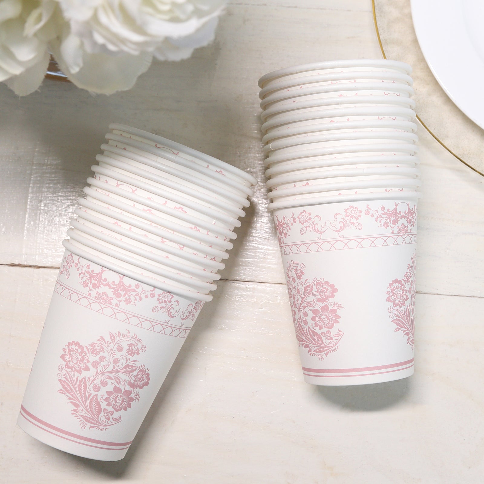 24 Pack Disposable Paper Cups in White Pink Damask Floral Pattern, Elegant Party Cups - 9oz