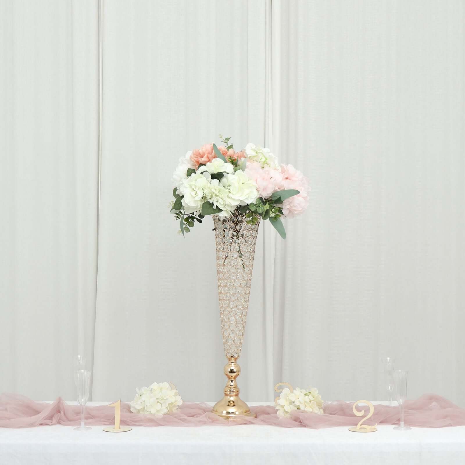 2-Pack Crystal Beaded Trumpet Vase Set Gold - Table Centerpiece for Weddings and Events 32"