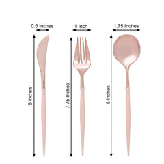 24-Pack Plastic Flatware Set in Rose Gold with Blush Handle - Heavy Duty Disposable Modern Silverware 8"