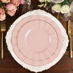 10-Pack Plastic 9" Round Dinner Plates in Blush Ruffled Rim with Gold Edging - Sturdy Disposable Dinnerware