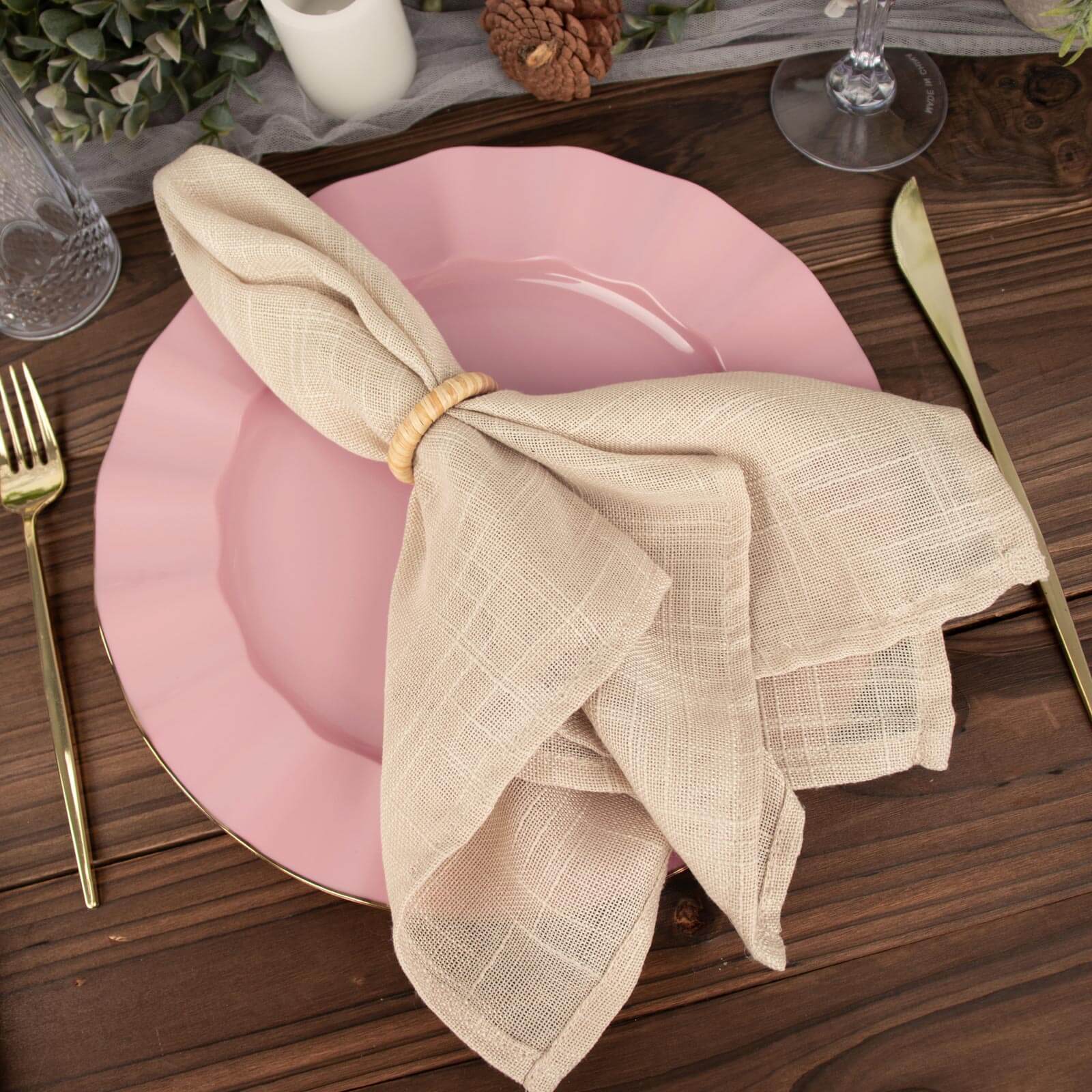 10-Pack Plastic 11" Round Dinner Plates in Dusty Rose Ruffled Rim with Gold Edging - Sturdy Disposable Dinnerware