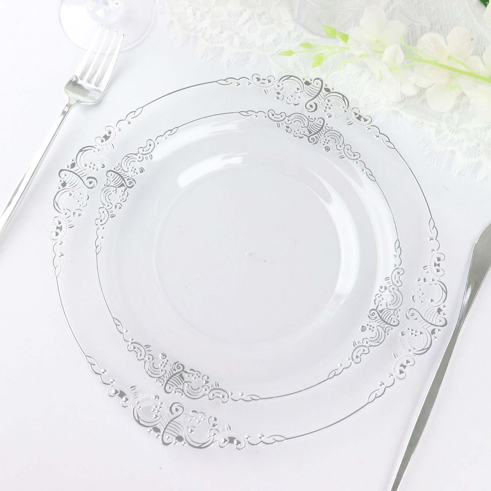 10-Pack Plastic 8" Round Dessert Plates in Clear with Silver Leaf Embossed Rim - Disposable Vintage Baroque Style Salad Plates